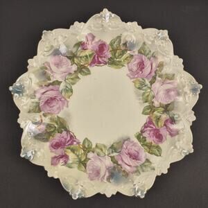 Antique M.Z. Austria Embossed Porcelain Plate – Pink Roses & Gold Trim – c.1900